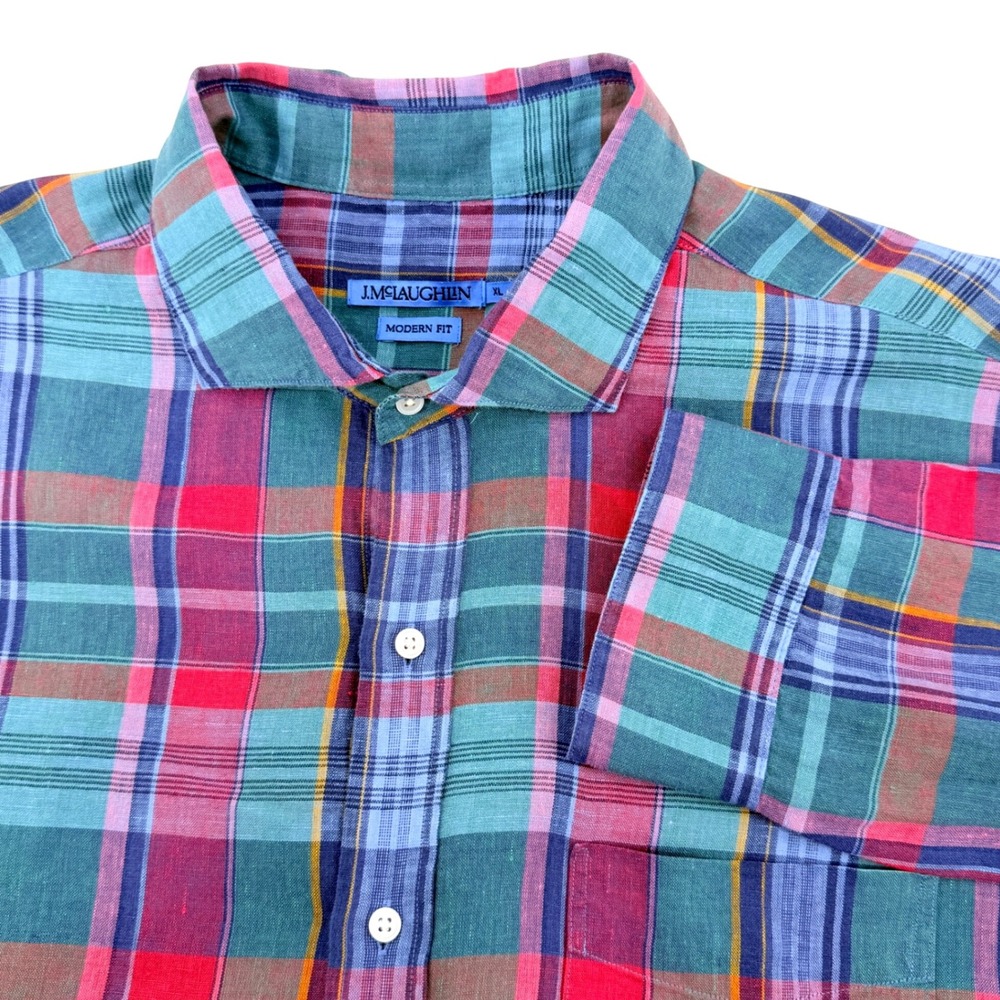 NEW J.McLaughlin Drummond Modern Fit Shirt Mens XL‎ Multi Plaid 100% Linen